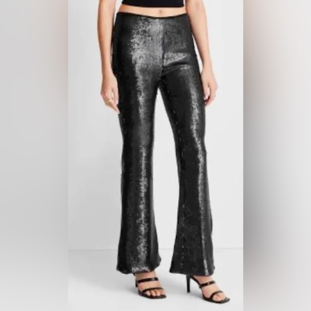 NWT Kahlana Barfield Brown Future Collective Black Sequin Flare Pants 28W/30W